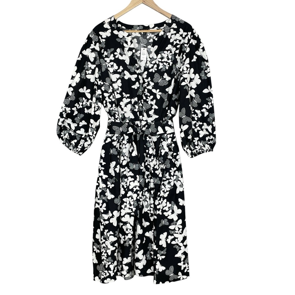 Talbots Butterfly Dot Print Button Up Midi Dress 22W Bow Office Balloon Sleeve